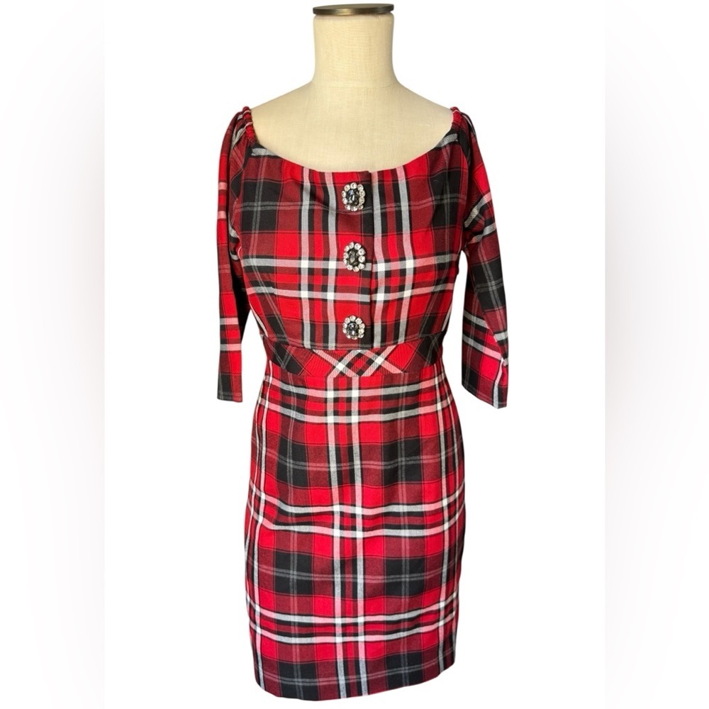 Boston Proper Red Tartan Plaid Rhinestone Snap 3/4 Sleeve Dress Sz 2